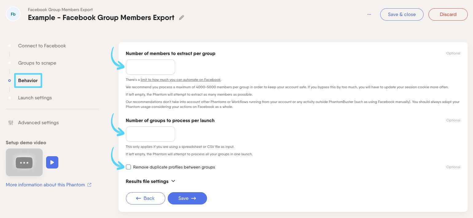 PhantomBuster Facebook Group Members Export step 3 configuring the extraction settings