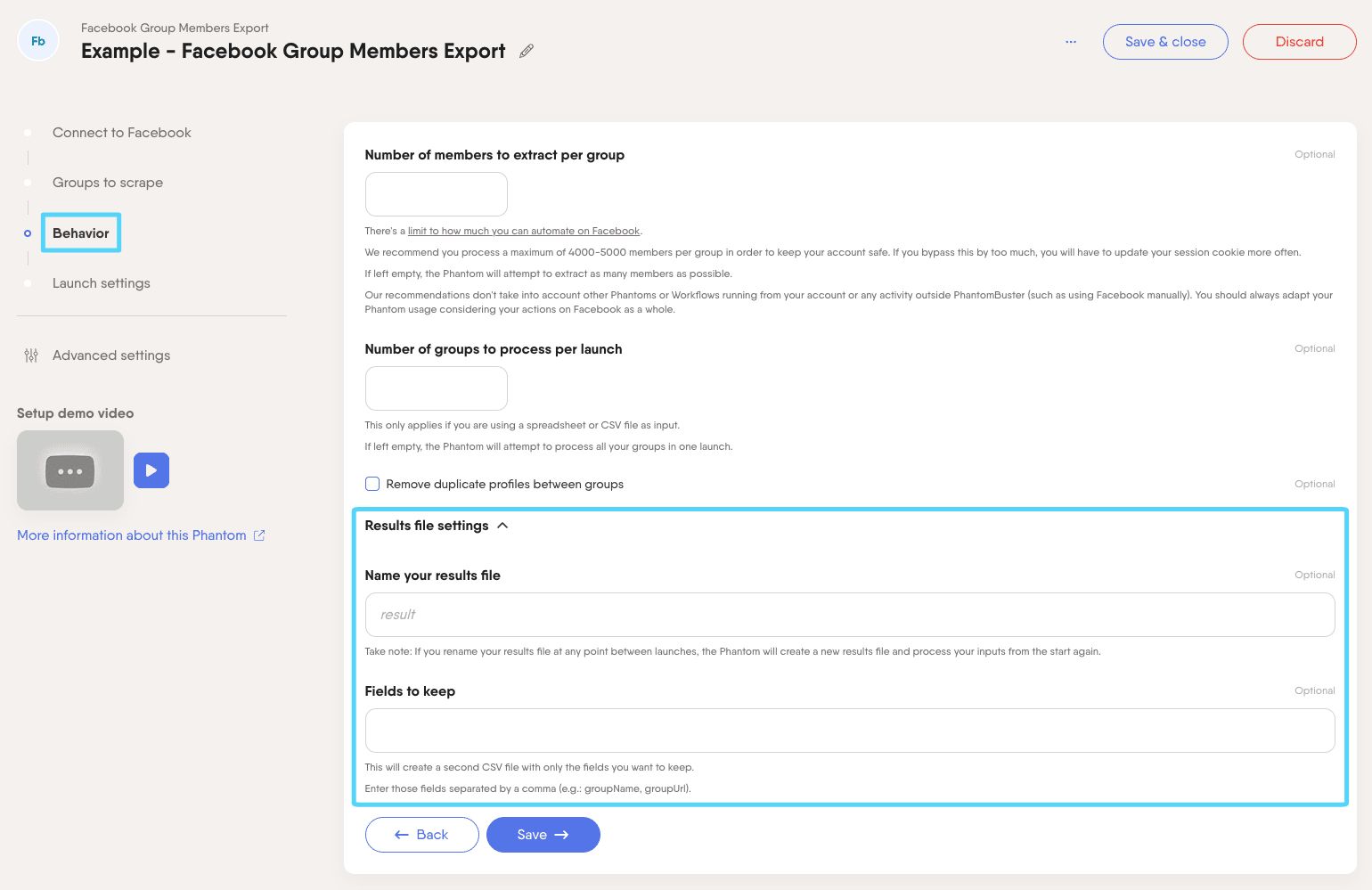 PhantomBuster Facebook Group Members Export step 3 results file settings