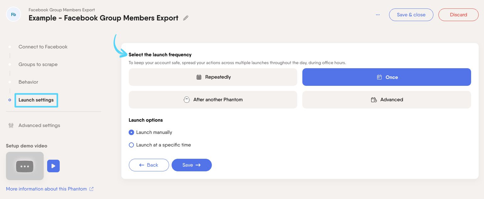 PhantomBuster Facebook Group Members Export step 4 selecting the launch frequency