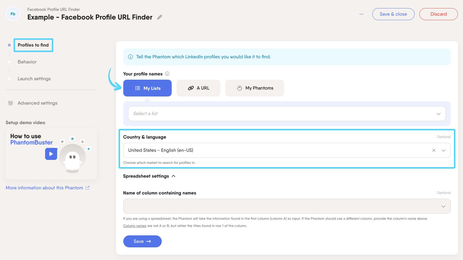 PhantomBuster Facebook Profile URL Finder step 1 providing the lead names and optional country and language