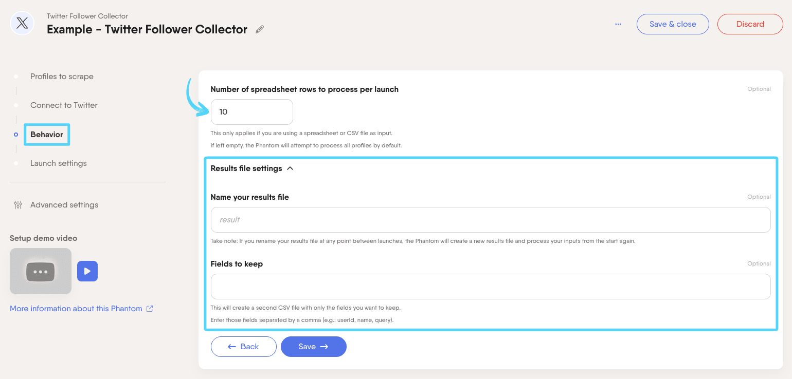 PhantomBuster Twitter X Follower Collector step 3 configuring how many followers to extract