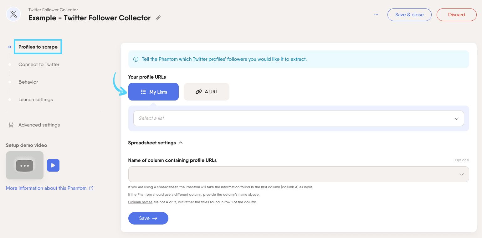 PhantomBuster Twitter X Follower Collector step 1 providing profile URLs