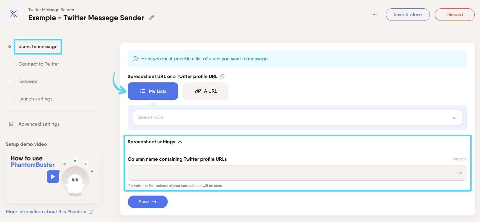 PhantomBuster Twitter X Message Sender step 1 providing profile URLs