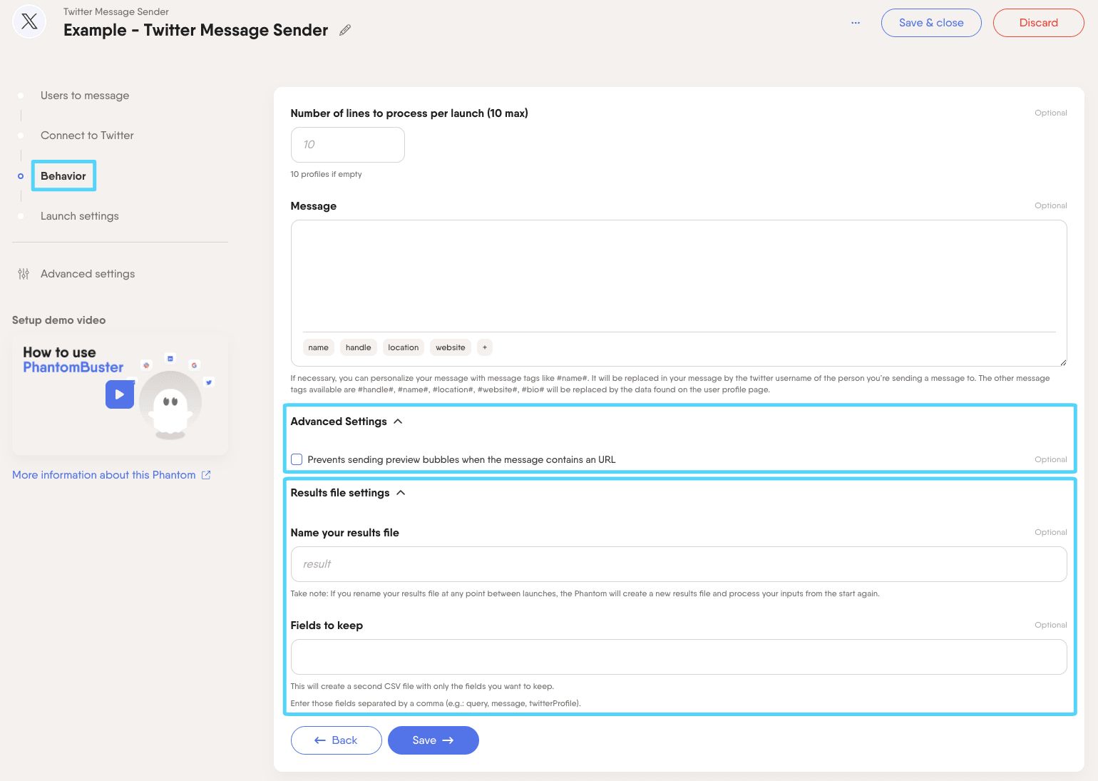 PhantomBuster Twitter X Message Sender step 3 advanced and result file settings drop-down menus