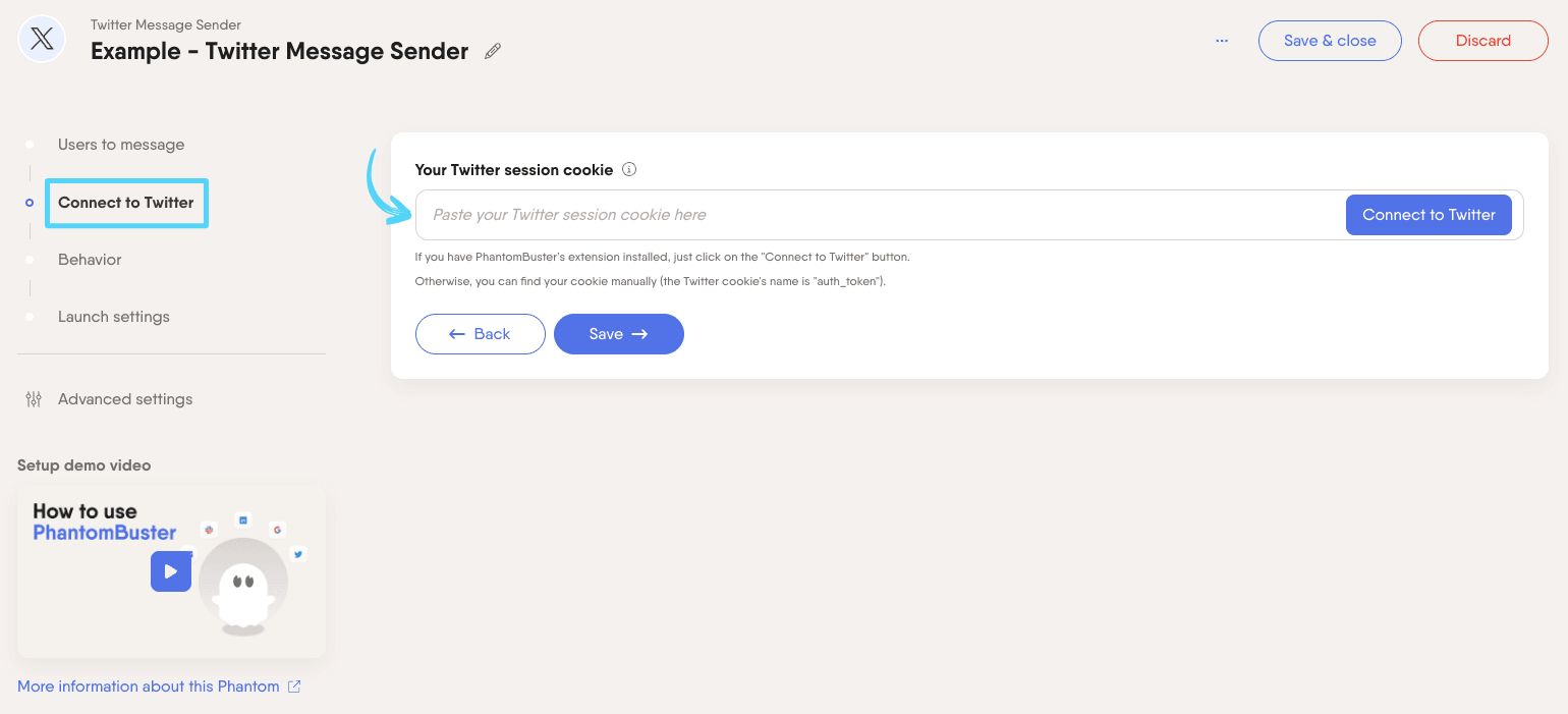 PhantomBuster Twitter X Message Sender step 2 connecting your X/Twitter account
