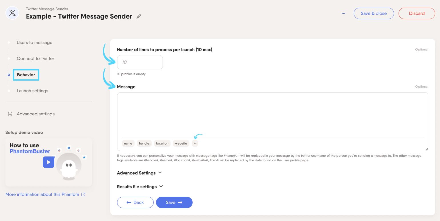 PhantomBuster Twitter X Message Sender step 3 writing and personalizing your message