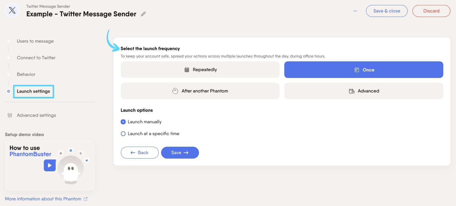 PhantomBuster Twitter X Message Sender step 4 selecting launch frequency