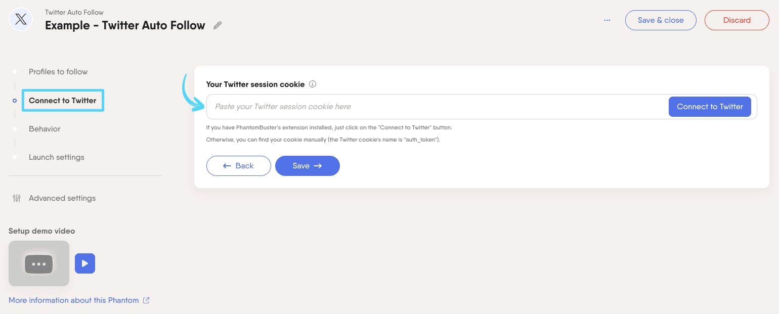 PhantomBuster Twitter X Auto Follow step 2 connecting your X/Twitter account