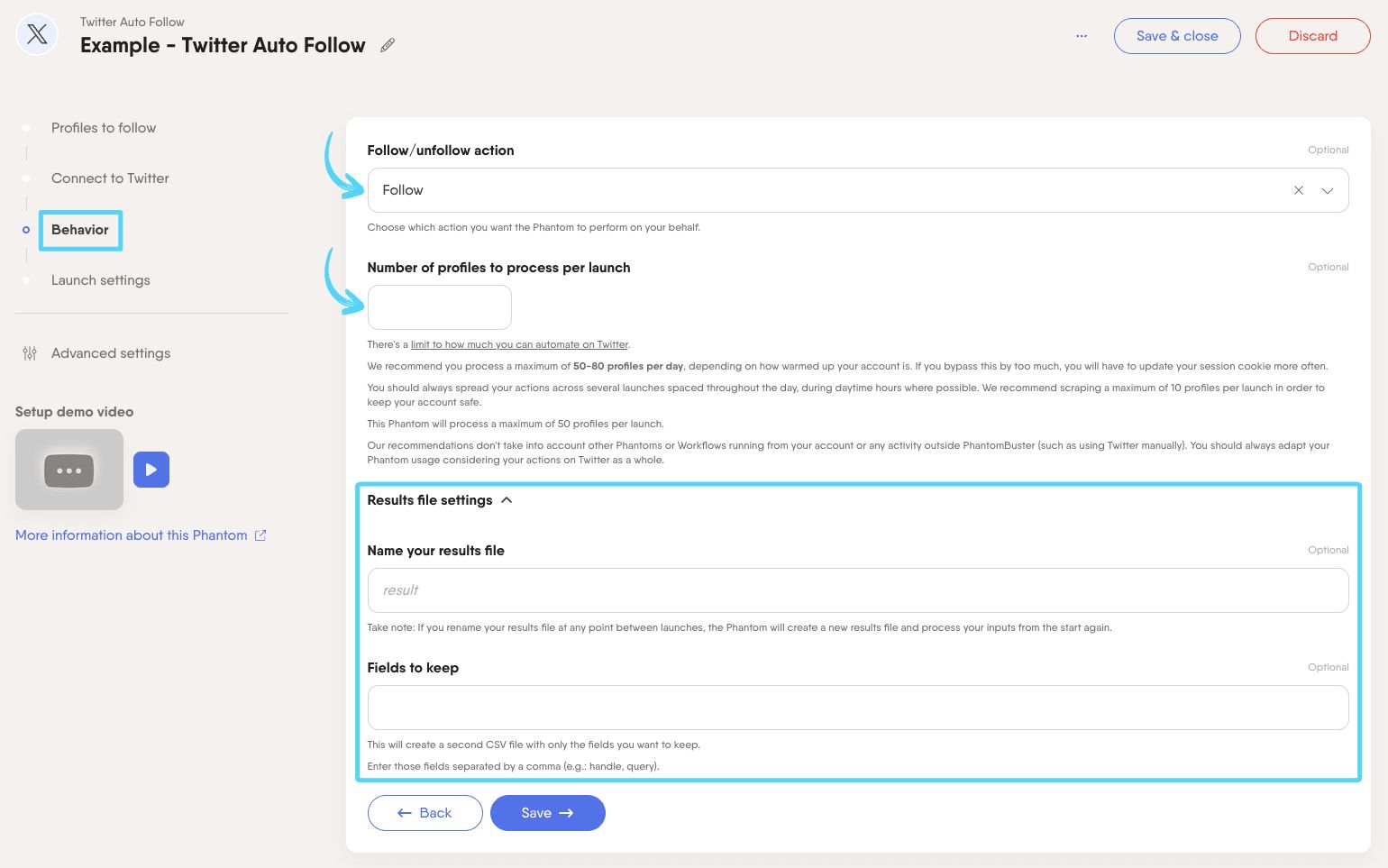 PhantomBuster Twitter X Auto Follow step 3 choosing the action and configuring limits