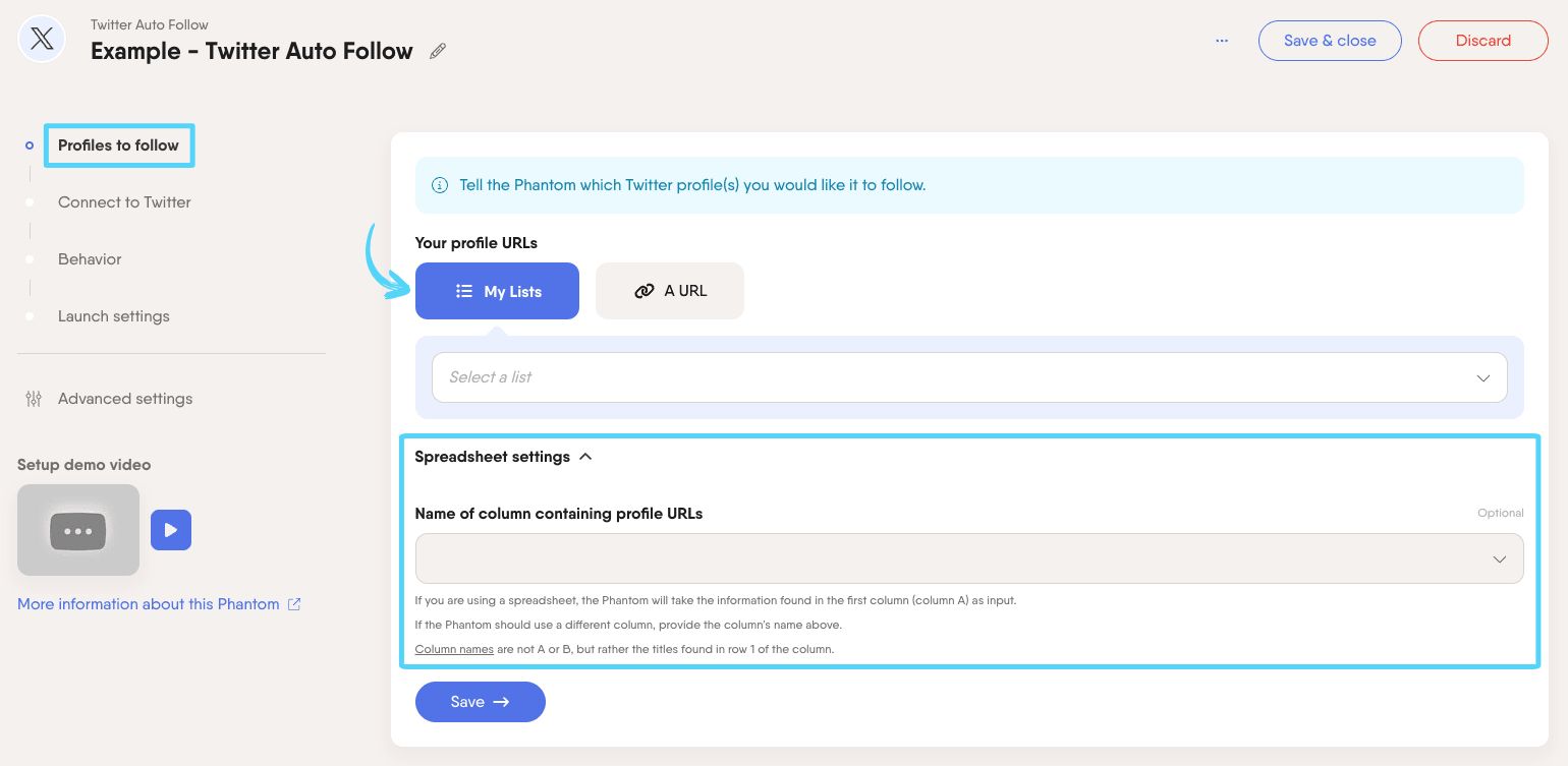PhantomBuster Twitter X Auto Follow step 1 providing profile URLs