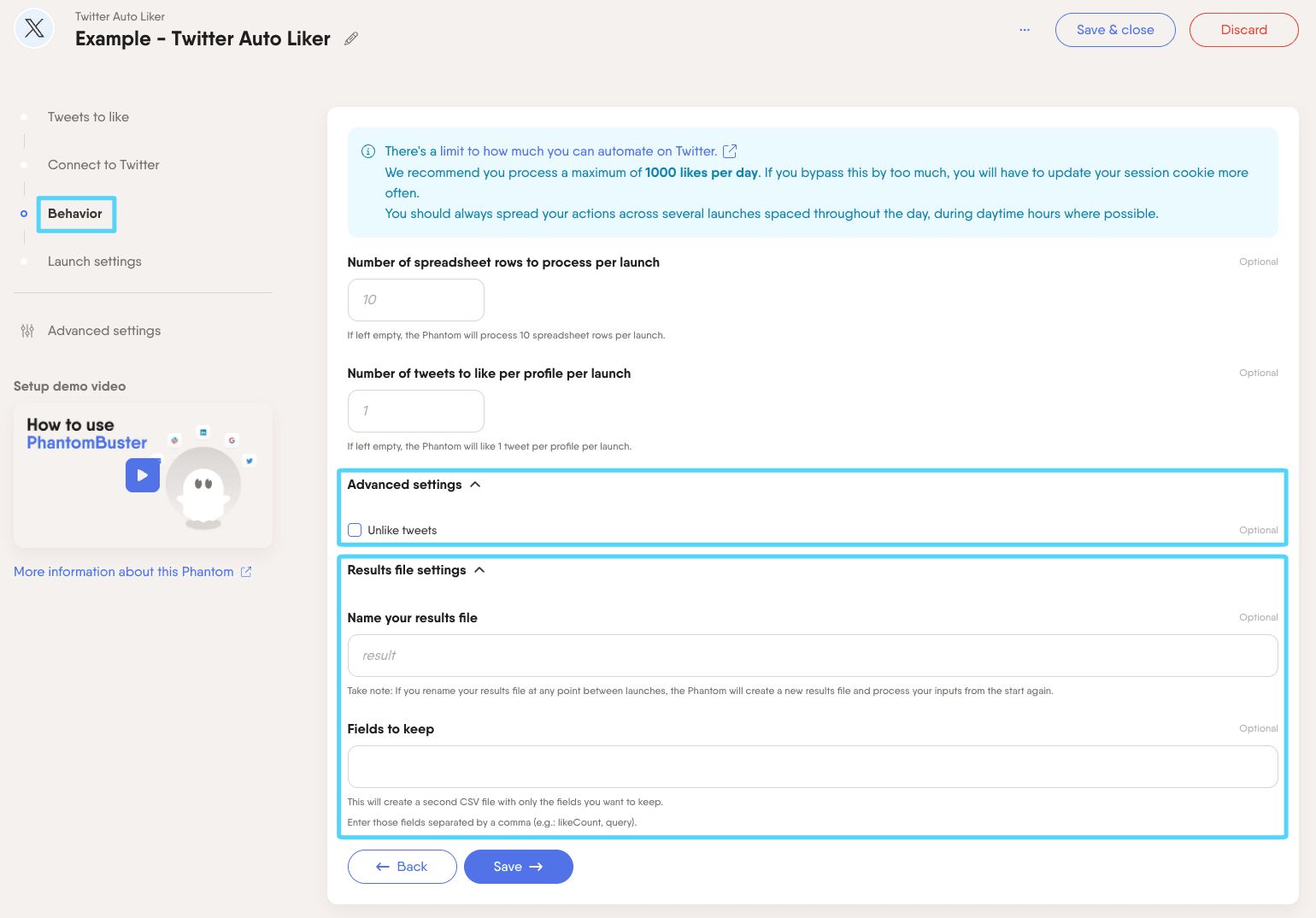 PhantomBuster Twitter X Auto Liker step 3 advanced and result file settings drop-down menus