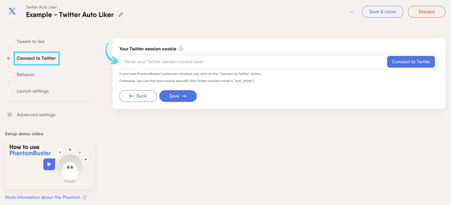 PhantomBuster Twitter X Auto Liker step 2 connecting your X/Twitter account