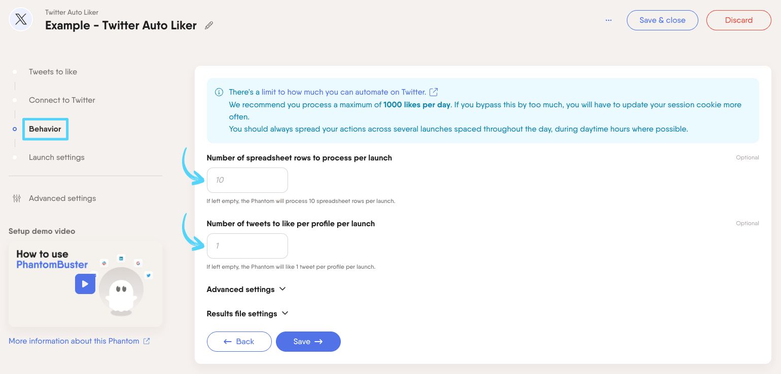 PhantomBuster Twitter X Auto Liker step 3 setting like and unlike limits