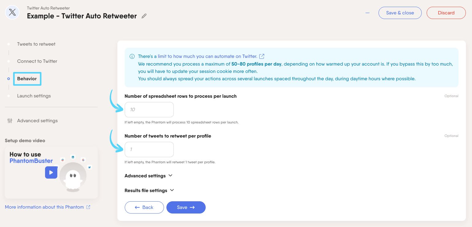 PhantomBuster Twitter X Auto Retweeter step 3 setting retweet limits