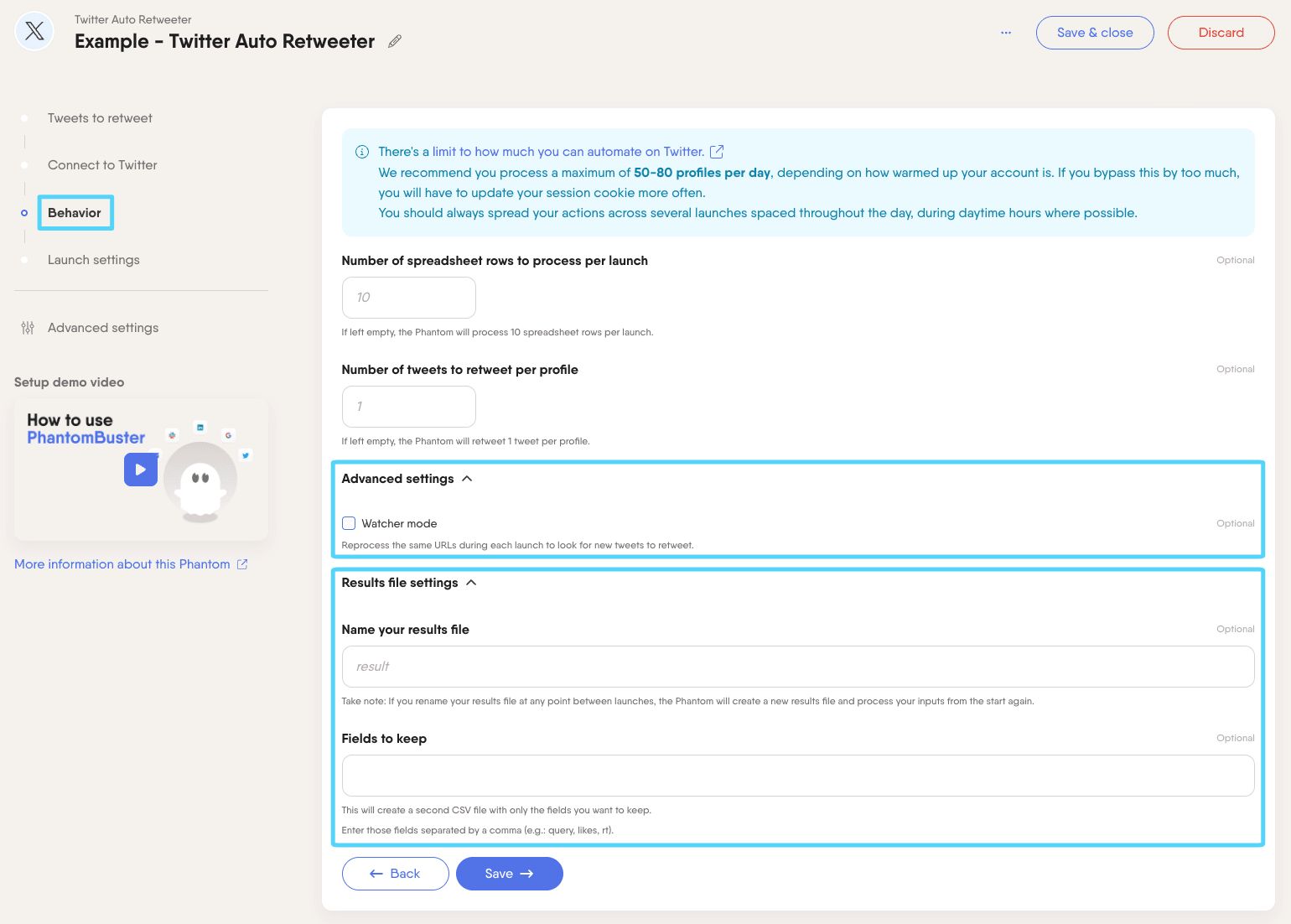 PhantomBuster Twitter X Auto Retweeter step 3 advanced and result file settings drop-down menus