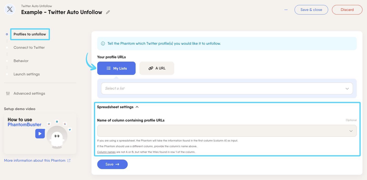 PhantomBuster Twitter X Auto Unfollow step 1 providing profile URLs