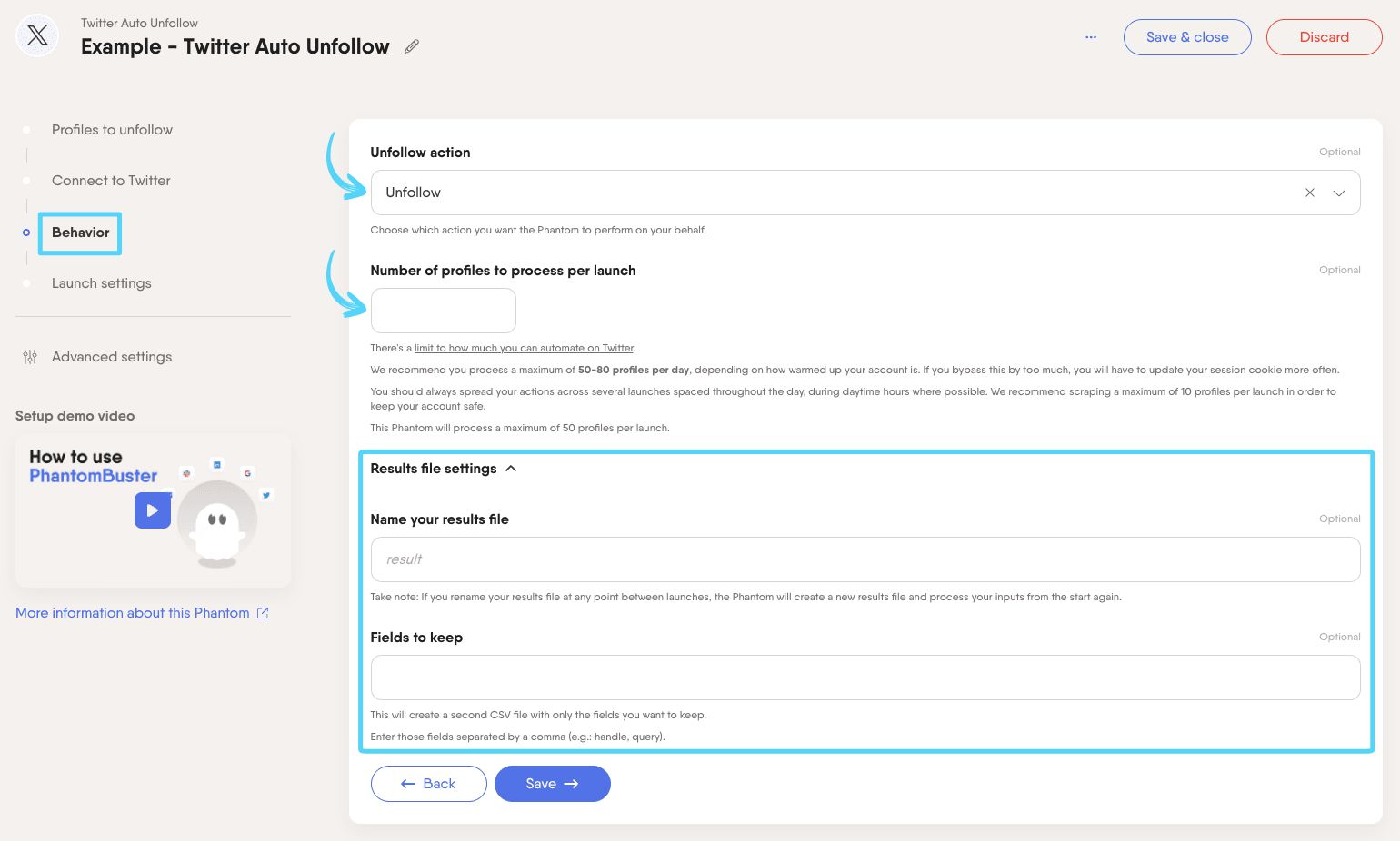 PhantomBuster Twitter X Auto Unfollow step 3 choosing your unfollow action and configuring limits