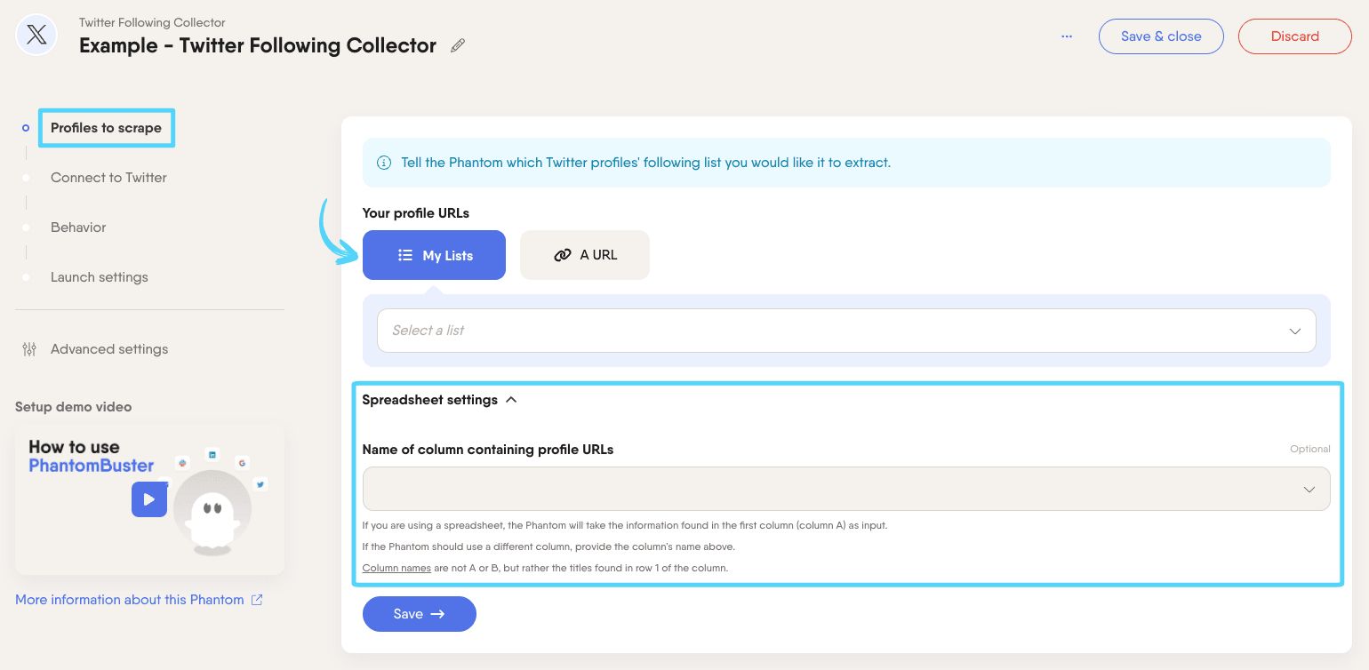 PhantomBuster Twitter X Following Collector step 1 providing profile URLs