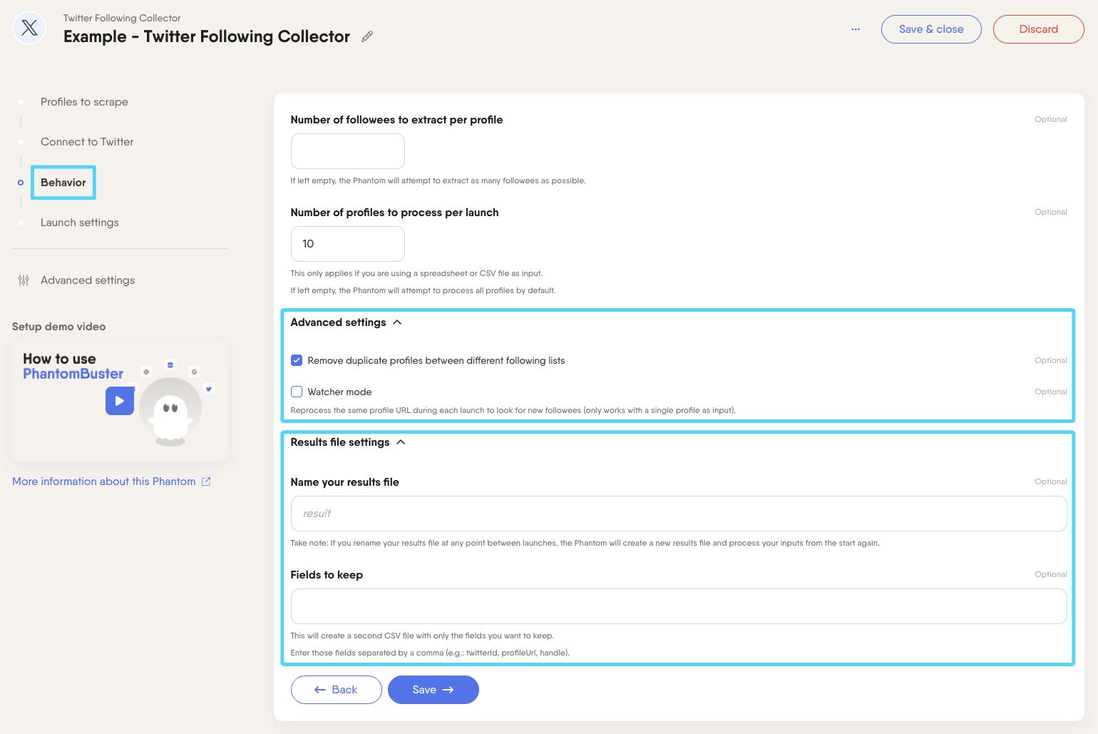 PhantomBuster Twitter X Following Collector step 3 advanced and result file settings drop-down menus