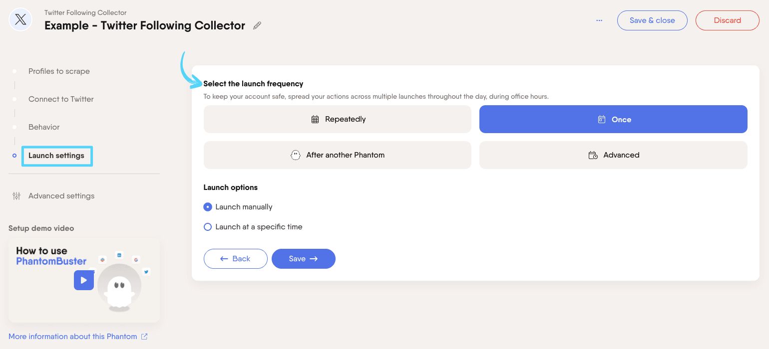 PhantomBuster Twitter X Following Collector step 4 selecting launch frequency