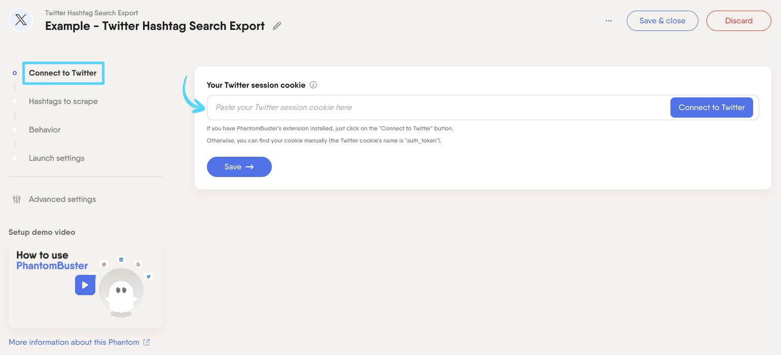 PhantomBuster Twitter X Hashtag Search Export step 1 connecting your X/Twitter account
