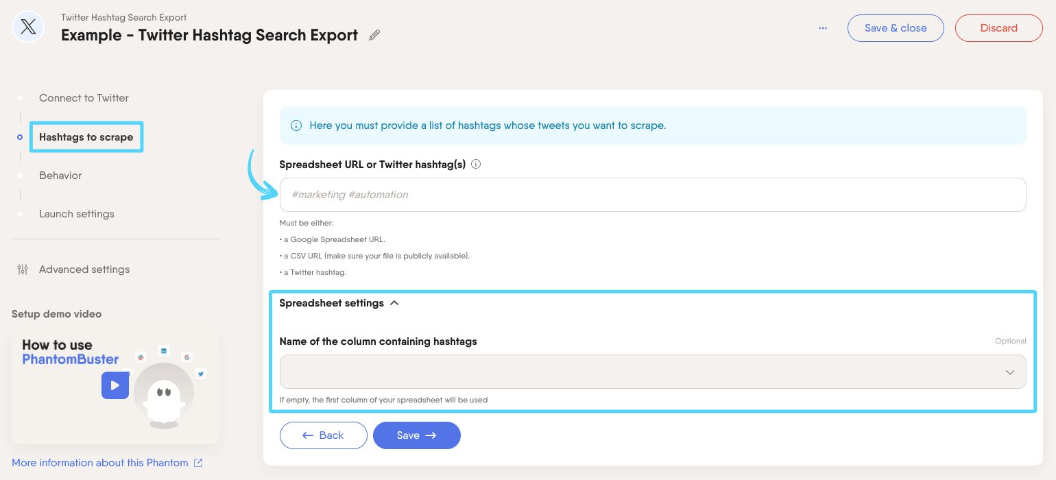 PhantomBuster Twitter X Hashtag Search Export step 2 providing your hashtags