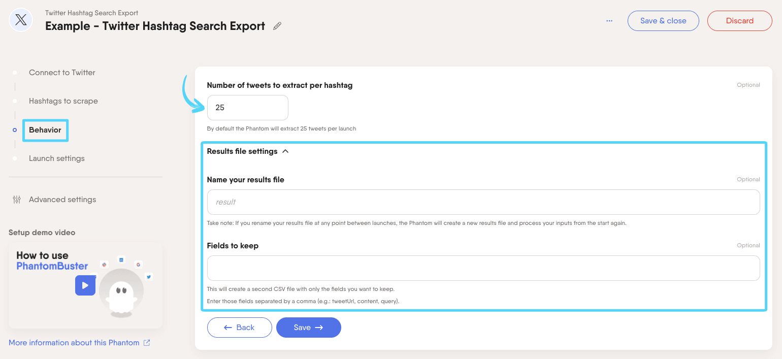 PhantomBuster Twitter X Hashtag Search Export step 3 setting extraction limits