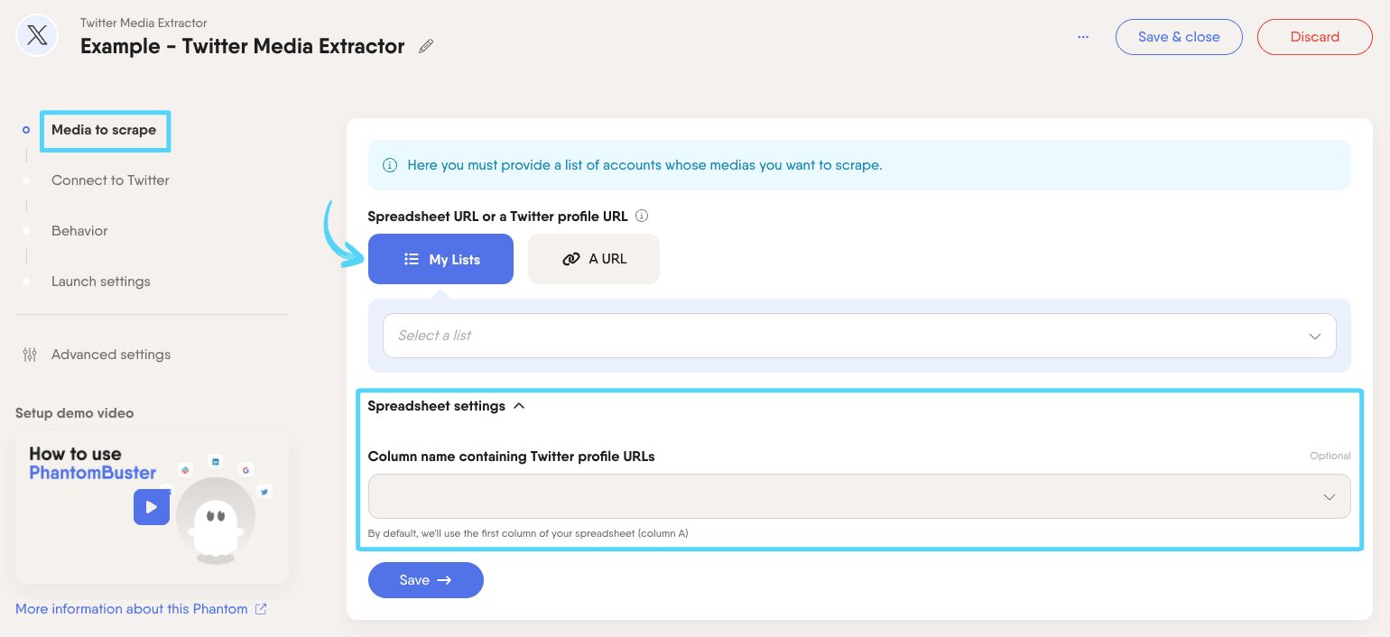 PhantomBuster Twitter X Media Extractor step 1 providing profile URLs