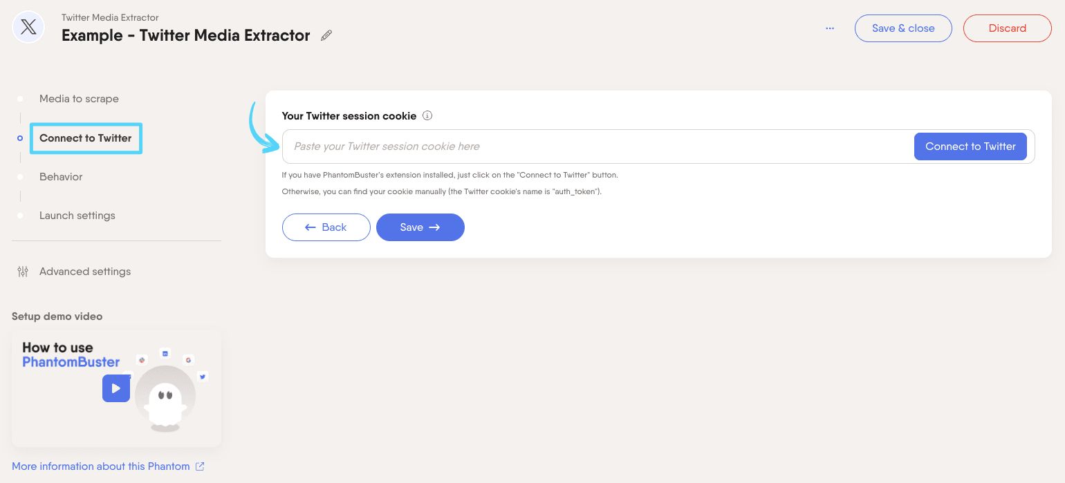 PhantomBuster Twitter X Media Extractor step 2 connecting your X/Twitter account