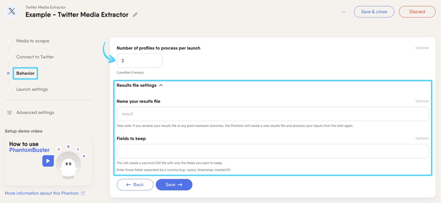 PhantomBuster Twitter X Media Extractor step 3 setting how many profiles to process