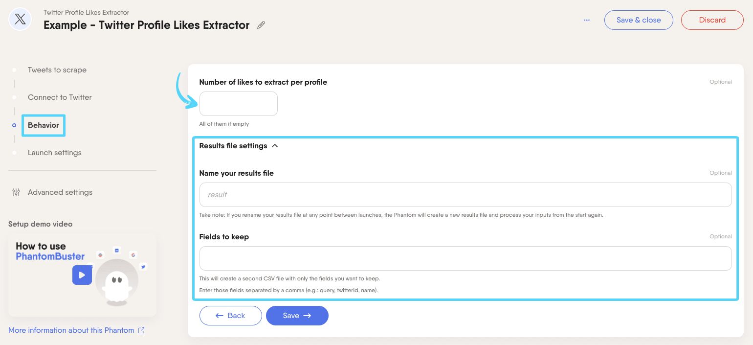 PhantomBuster Twitter Profile Likes Extractor step 3 choosing how many likes to extract