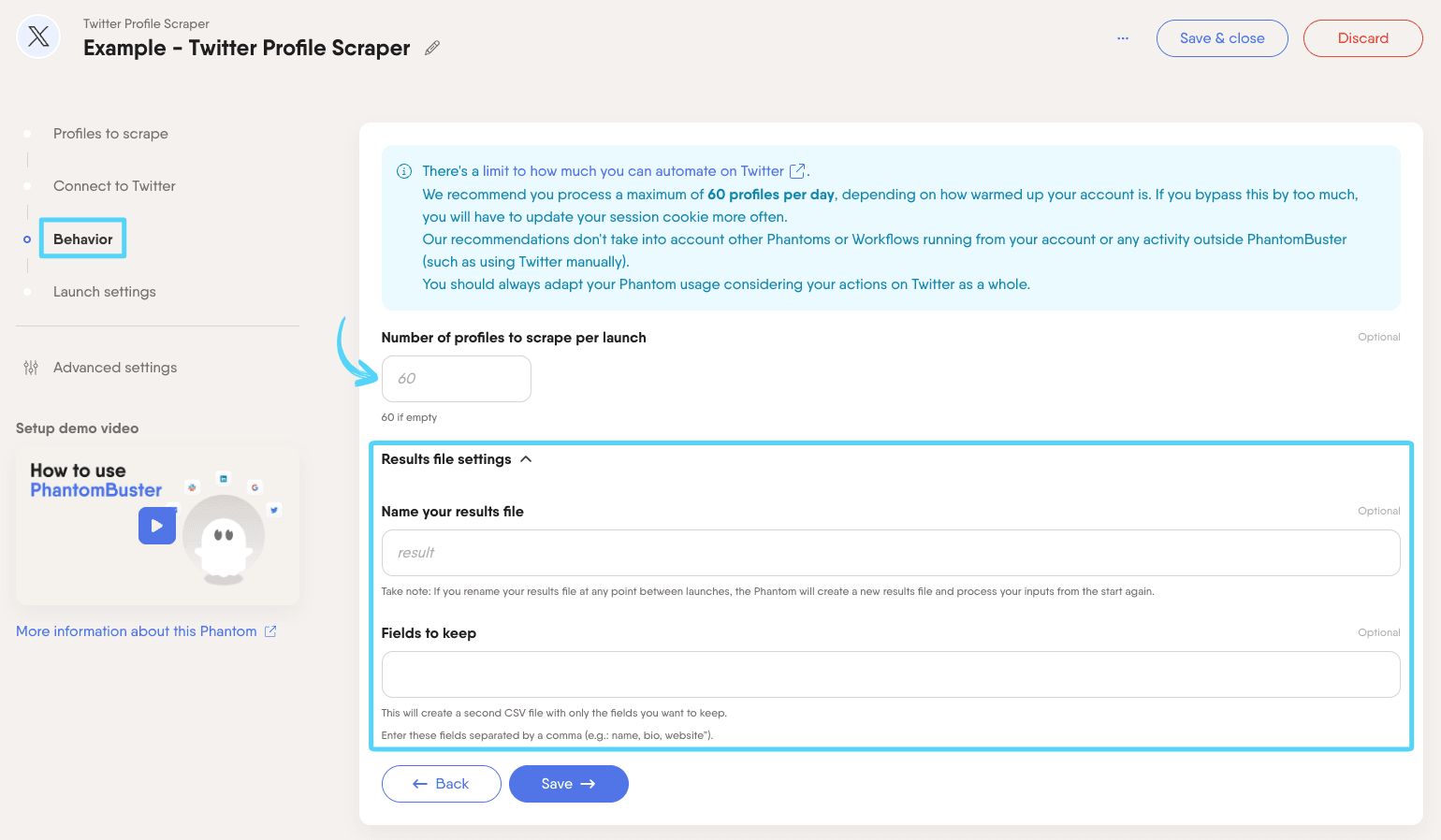 PhantomBuster Twitter X Profile Scraper step 3 setting extraction limits