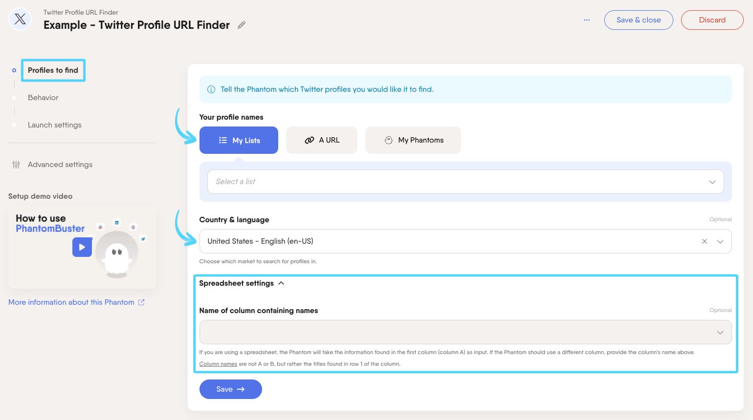 PhantomBuster Twitter X Profile URL Finder step 1 providing profile names