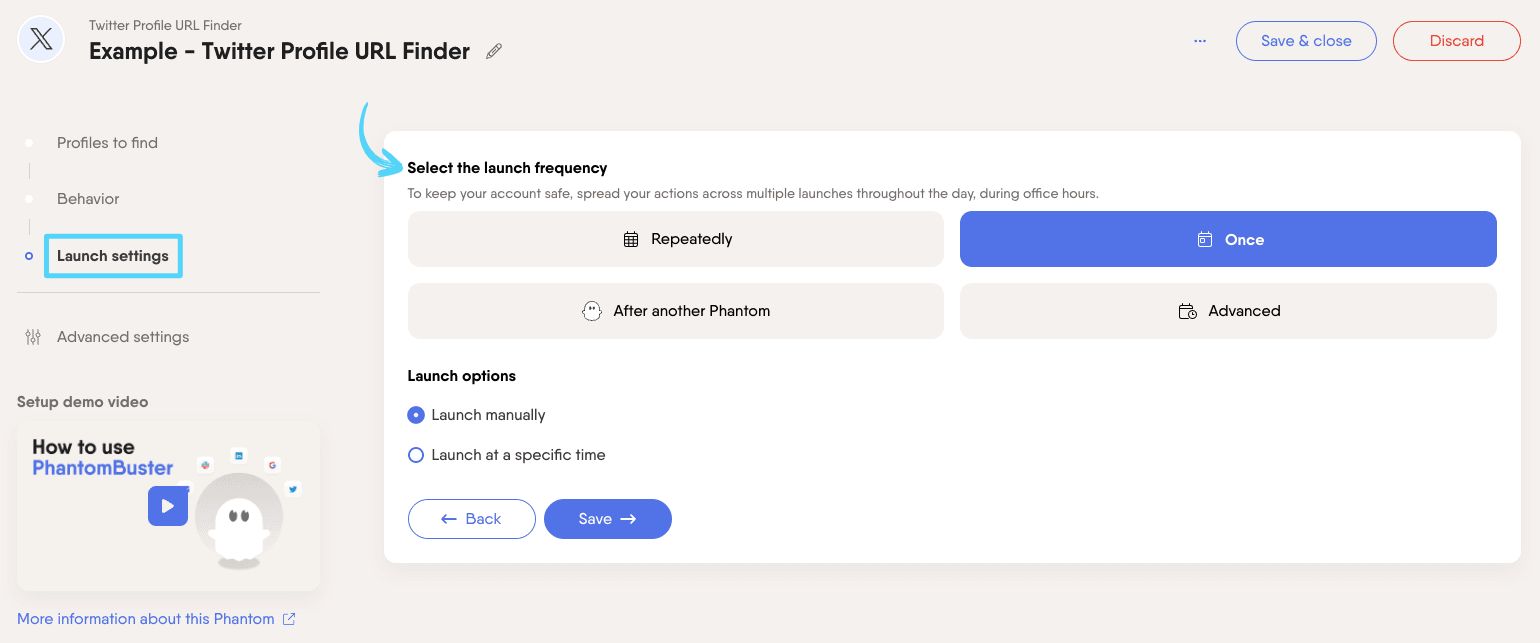 PhantomBuster Twitter X Profile URL Finder step 3 selecting launch frequency