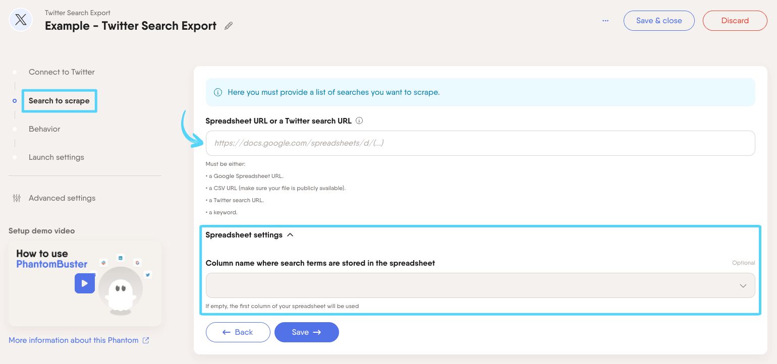 PhantomBuster Twitter X Search Export step 2 providing your search inputs