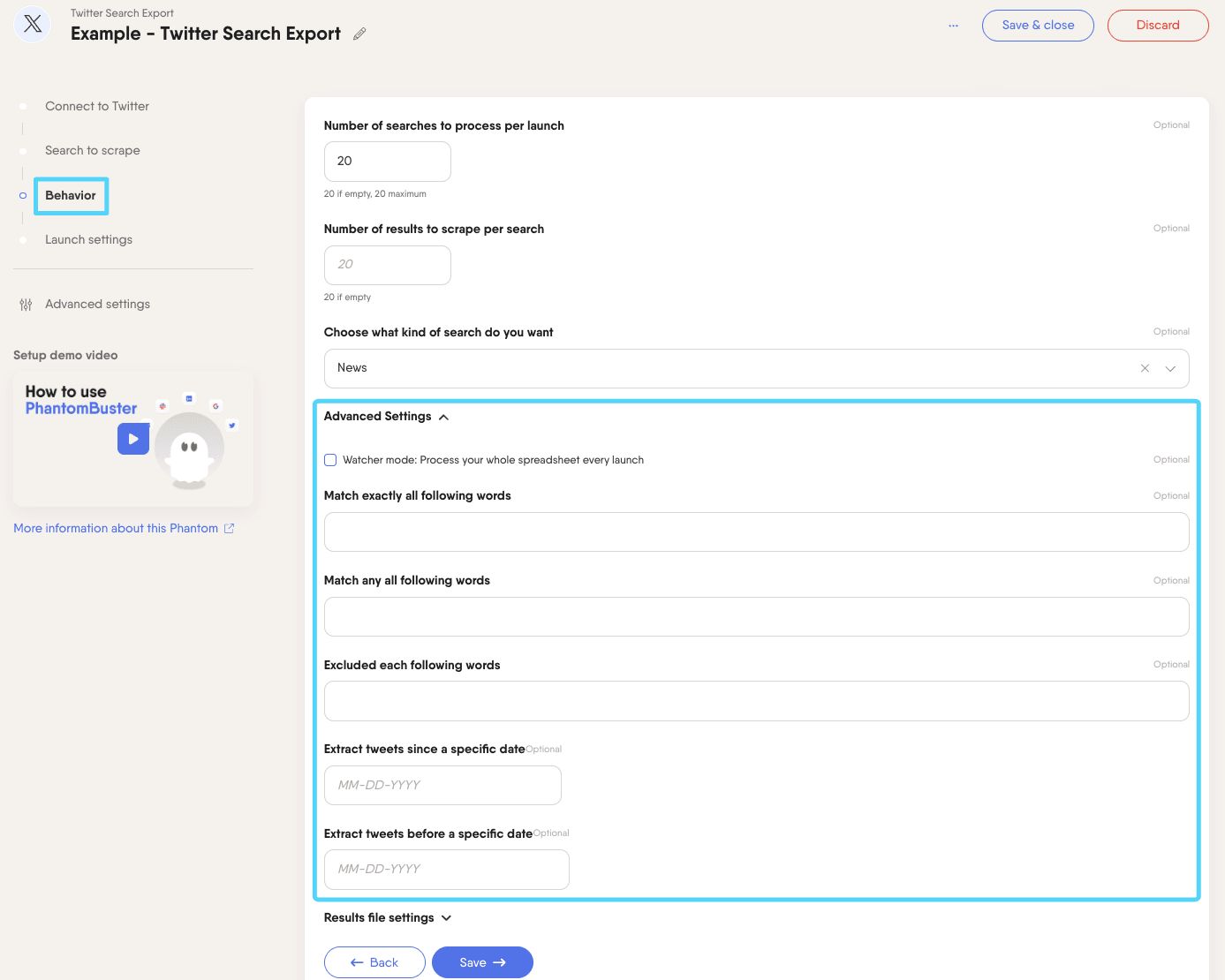 PhantomBuster Twitter X Search Export step 3 advanced settings with keyword and date filters