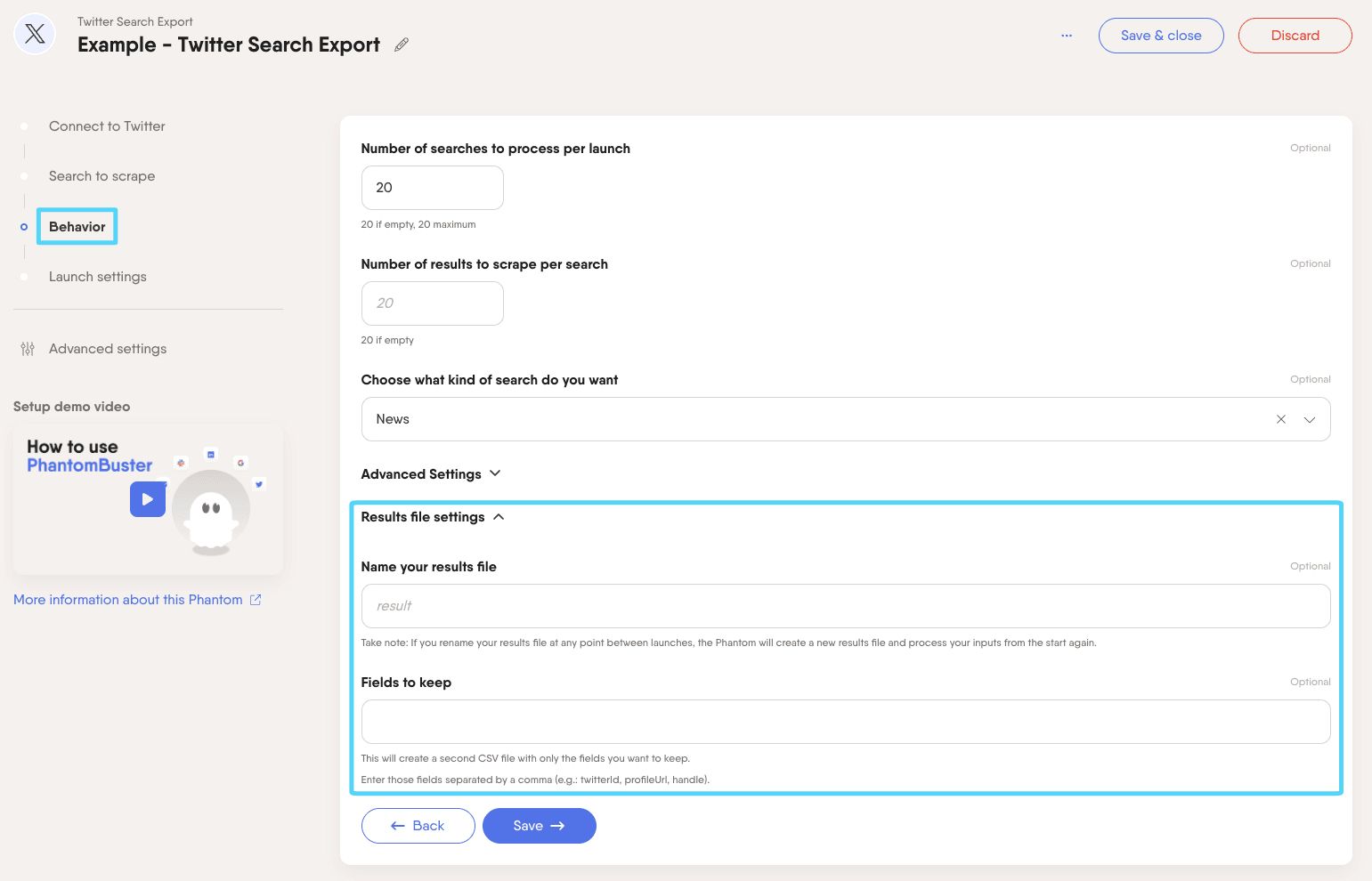 PhantomBuster Twitter X Search Export step 3 result file settings