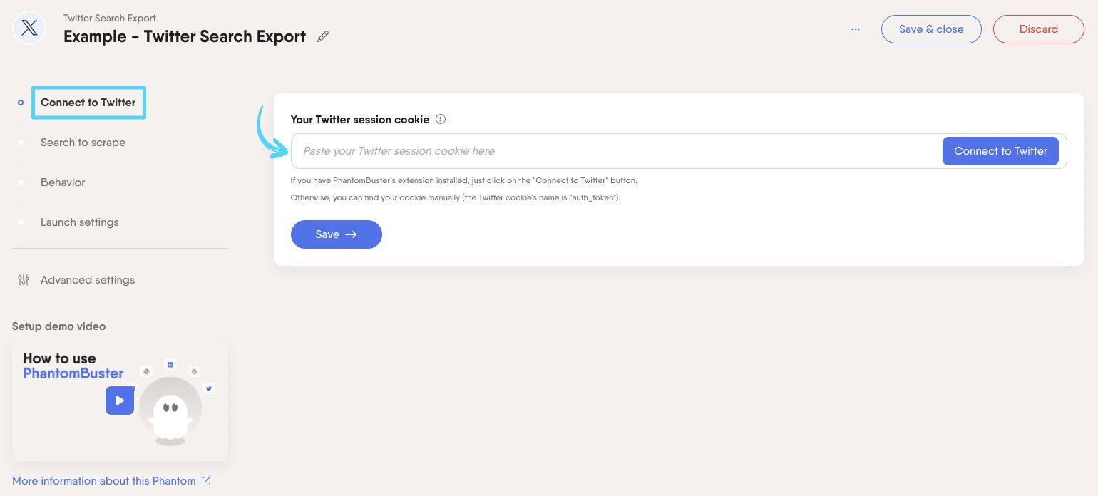 PhantomBuster Twitter X Search Export step 1 connecting your X/Twitter account