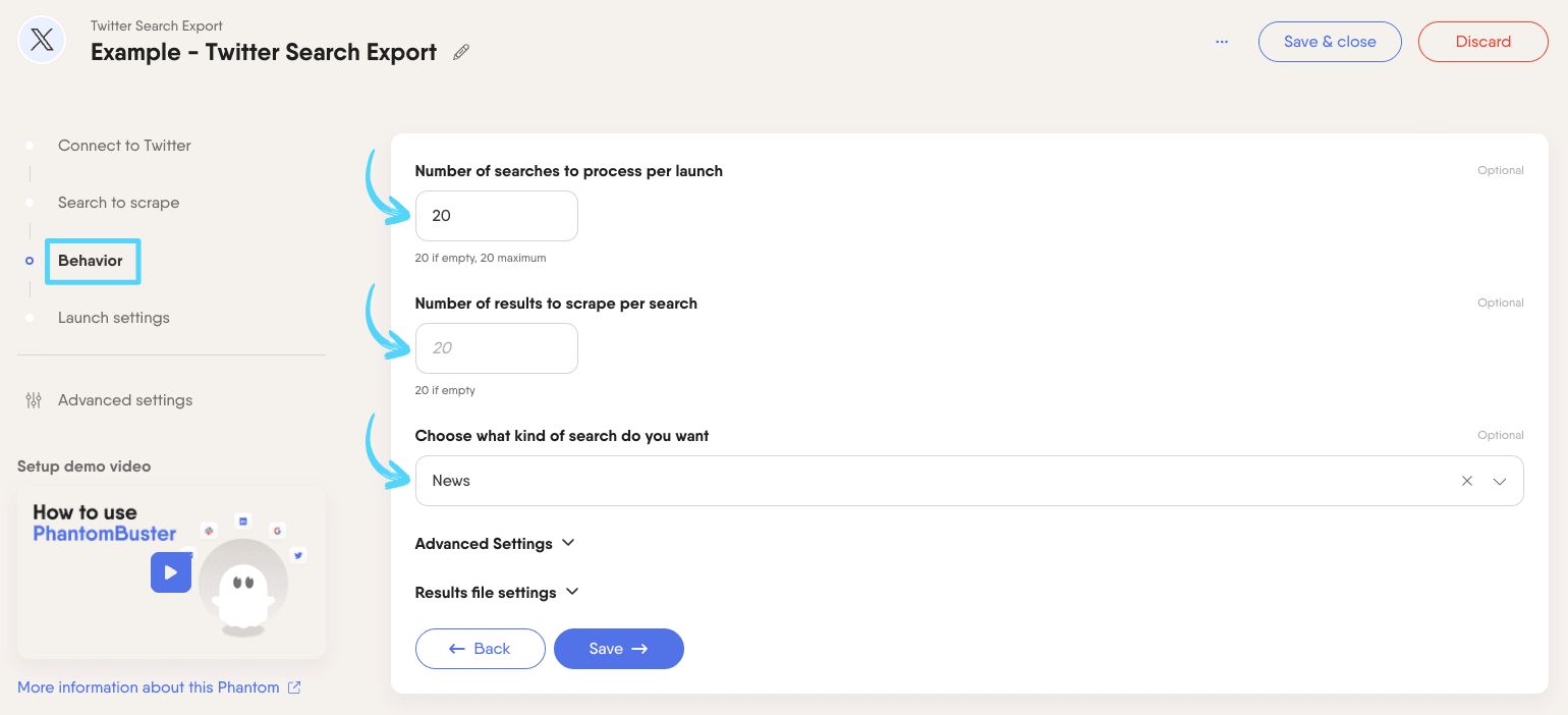 PhantomBuster Twitter X Search Export step 3 configuring limits and search filters