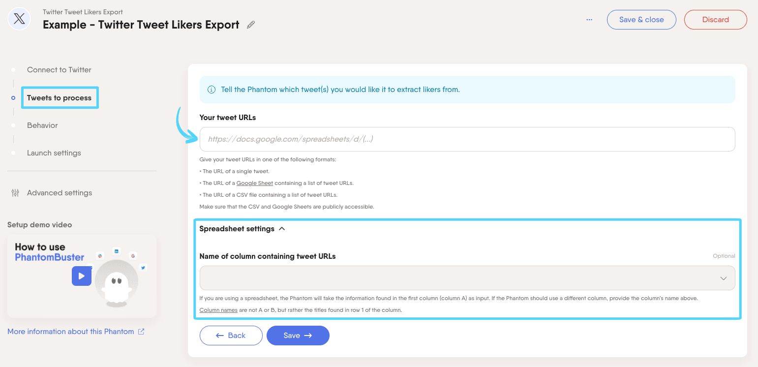 PhantomBuster Twitter X Tweet Likers Export step 2 providing tweet URLs as input