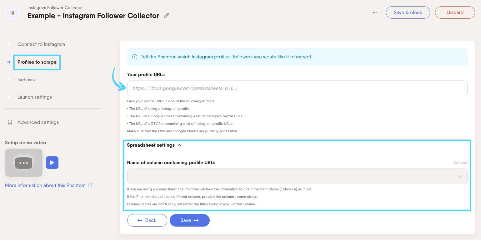 PhantomBuster Instagram Follower Collector step 2 adding the Instagram profiles to extract followers from
