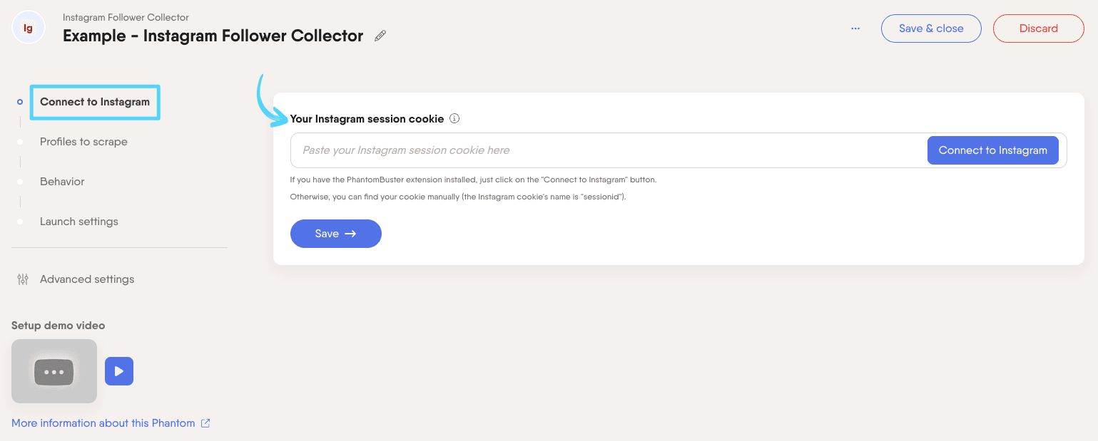 PhantomBuster Instagram Follower Collector step 1 connecting your Instagram account