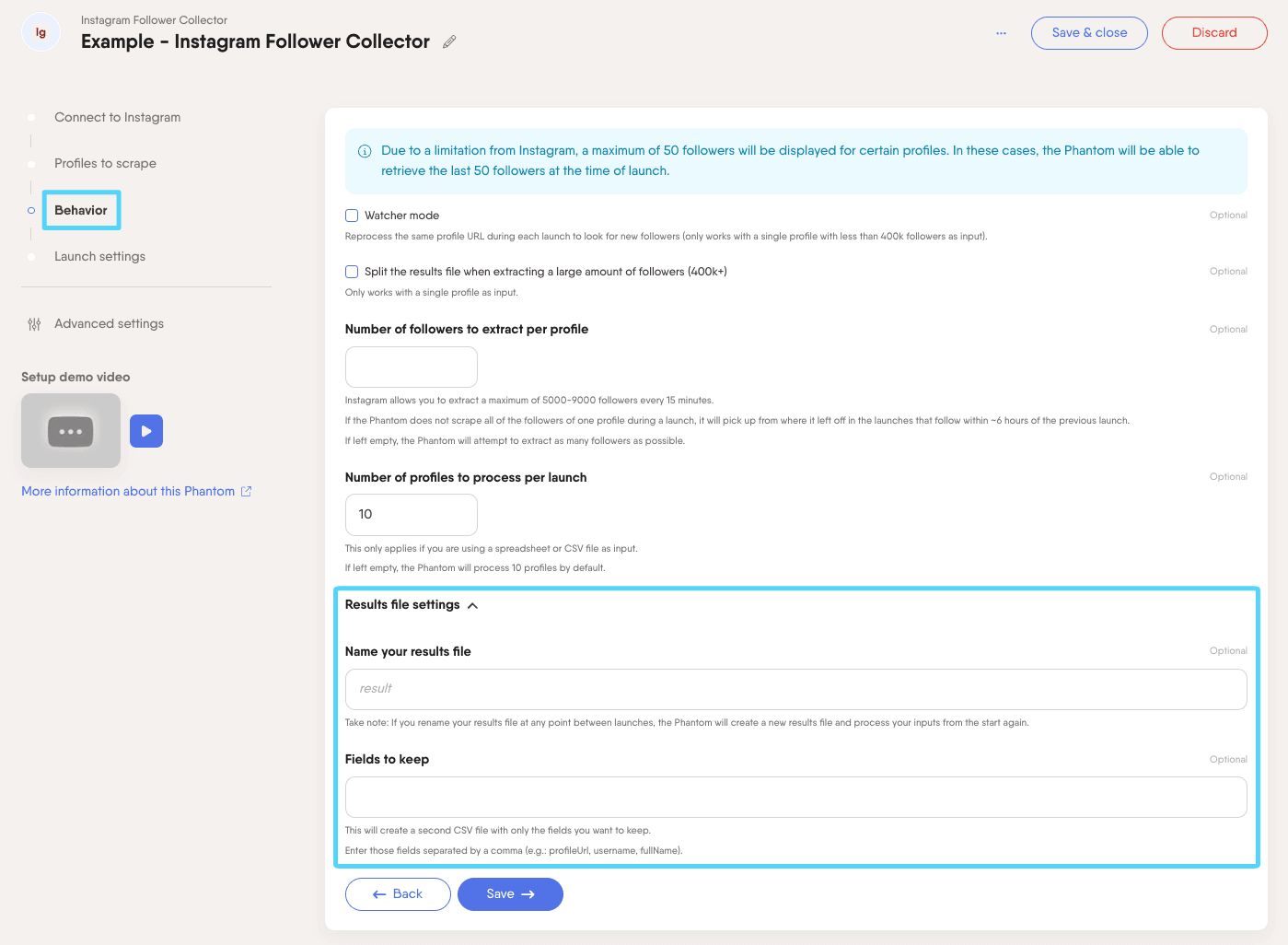 PhantomBuster Instagram Follower Collector step 3 result file settings dropdown