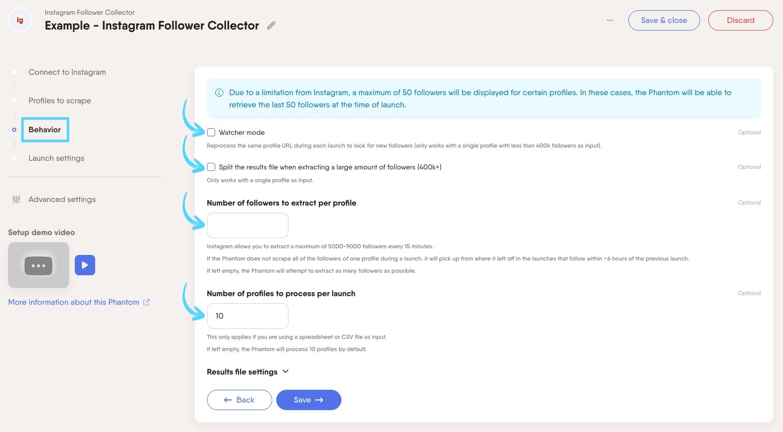 PhantomBuster Instagram Follower Collector step 3 configuring follower extraction and watcher mode