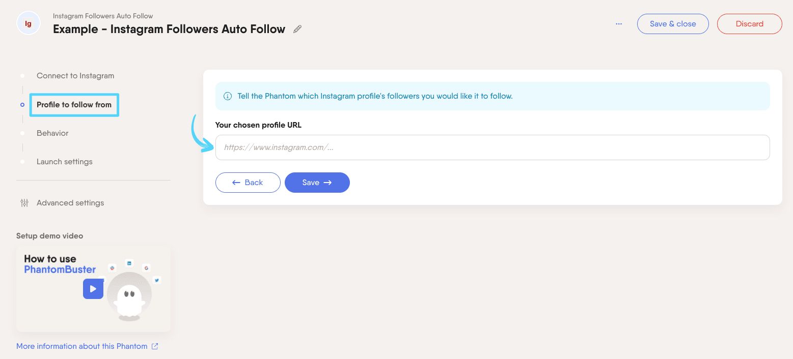 PhantomBuster Instagram Followers Auto Follow step 2 choosing the source profile whose followers to follow