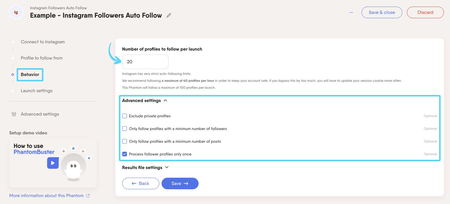PhantomBuster Instagram Followers Auto Follow step 3 advanced settings filtering which profiles to follow