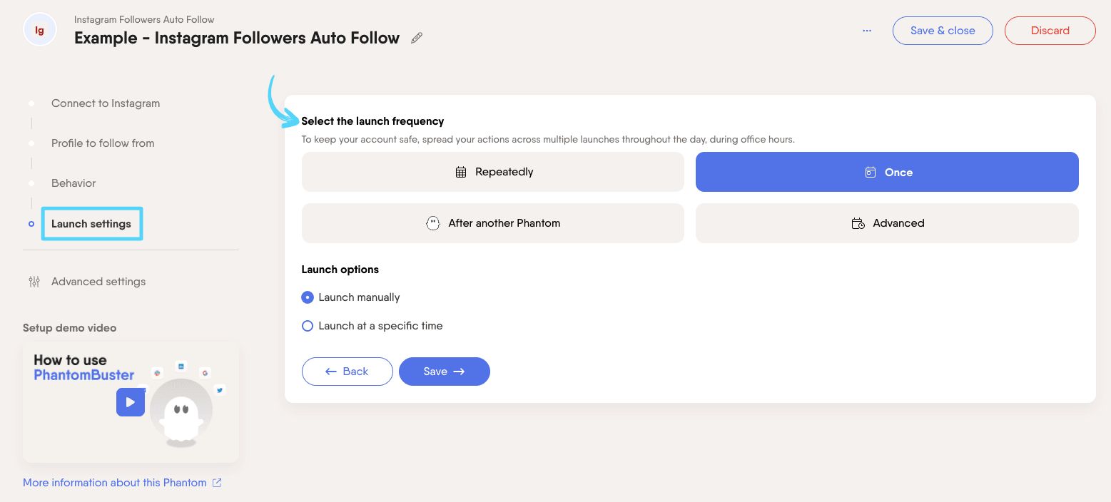 PhantomBuster Instagram Followers Auto Follow step 4 selecting launch frequency