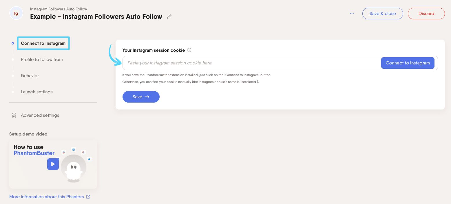 PhantomBuster Instagram Followers Auto Follow step 1 connecting your Instagram account