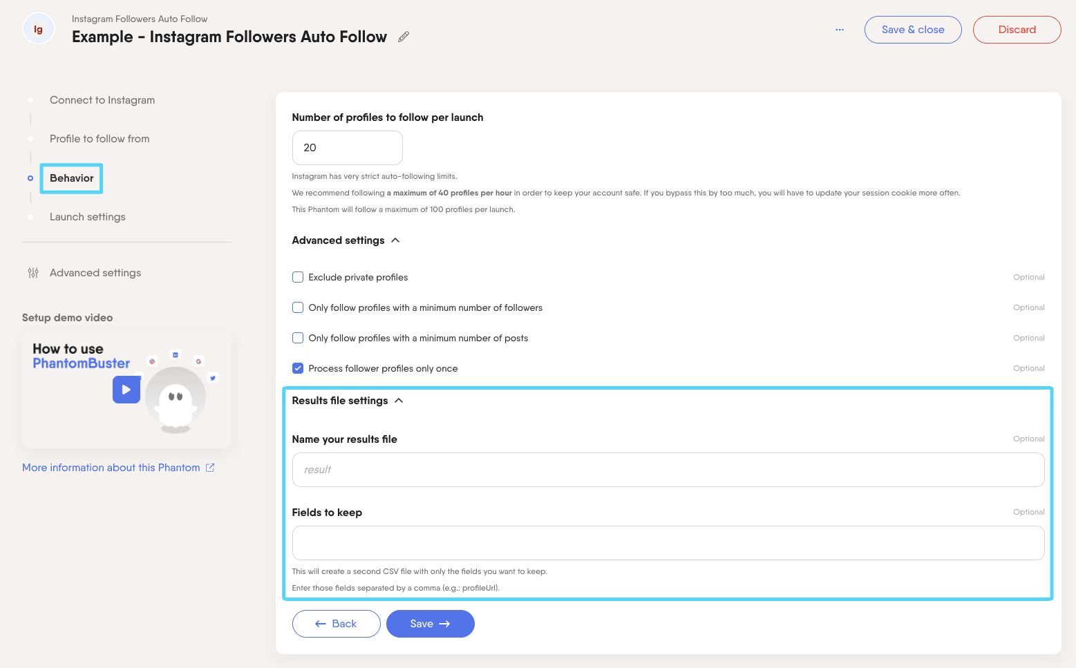 PhantomBuster Instagram Followers Auto Follow step 3 result file settings dropdown