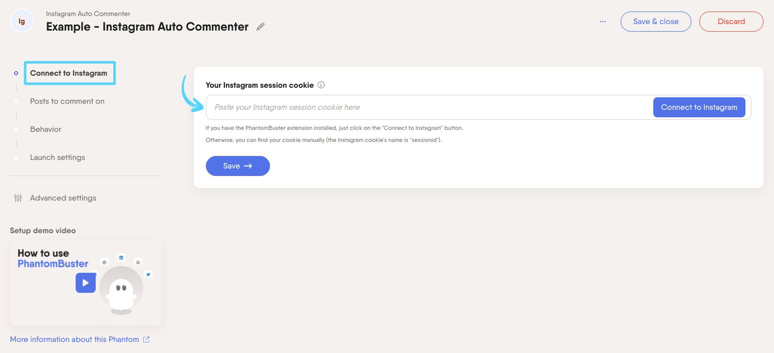 PhantomBuster Instagram Auto Commenter step 1 connecting your Instagram account